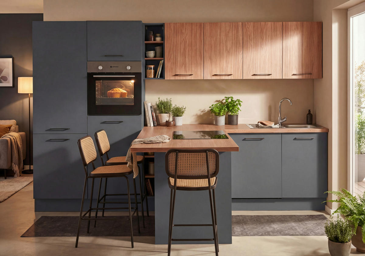 ECKKÜCHE 325/184 cm  in Graphitfarben, Walnussfarben  - Walnussfarben/Schwarz, Basics, Holzwerkstoff/Metall (325/184cm) - P & B