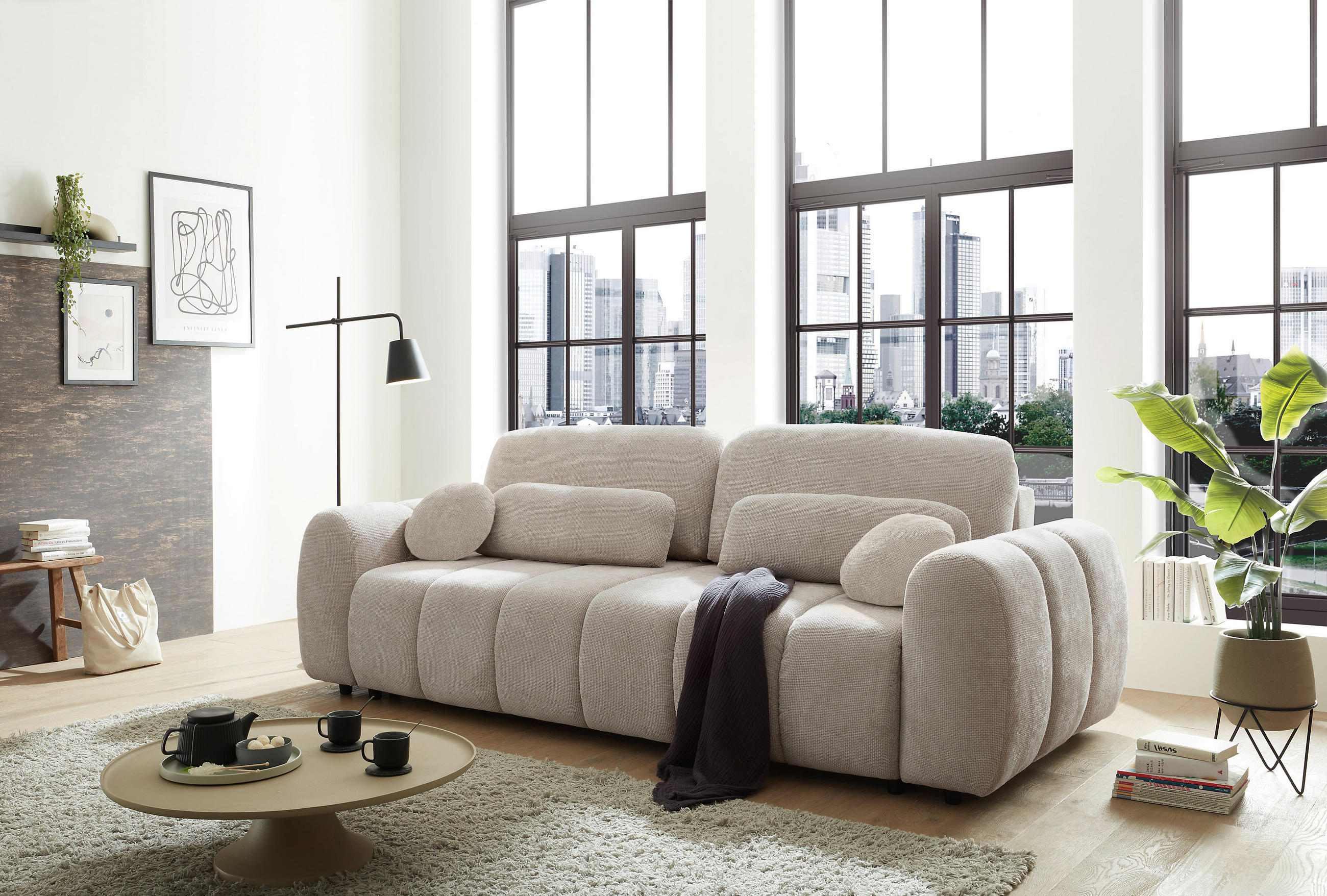 SCHLAFSOFA BUBBLE Webstoff Beige  inkl. Zierkissen, Nierenkissen, Bettkasten, Liegefläche im Originalstoff  - Beige/Schwarz, Design, Kunststoff/Textil (256/76/112cm) - MID.YOU