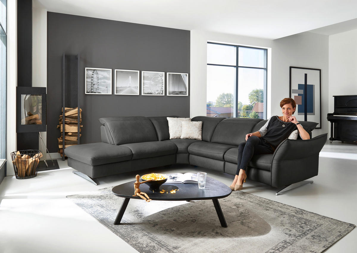 ECKSOFA in Echtleder Schwarz  - Edelstahlfarben/Schwarz, Design, Leder/Metall (258/292cm) - Hukla