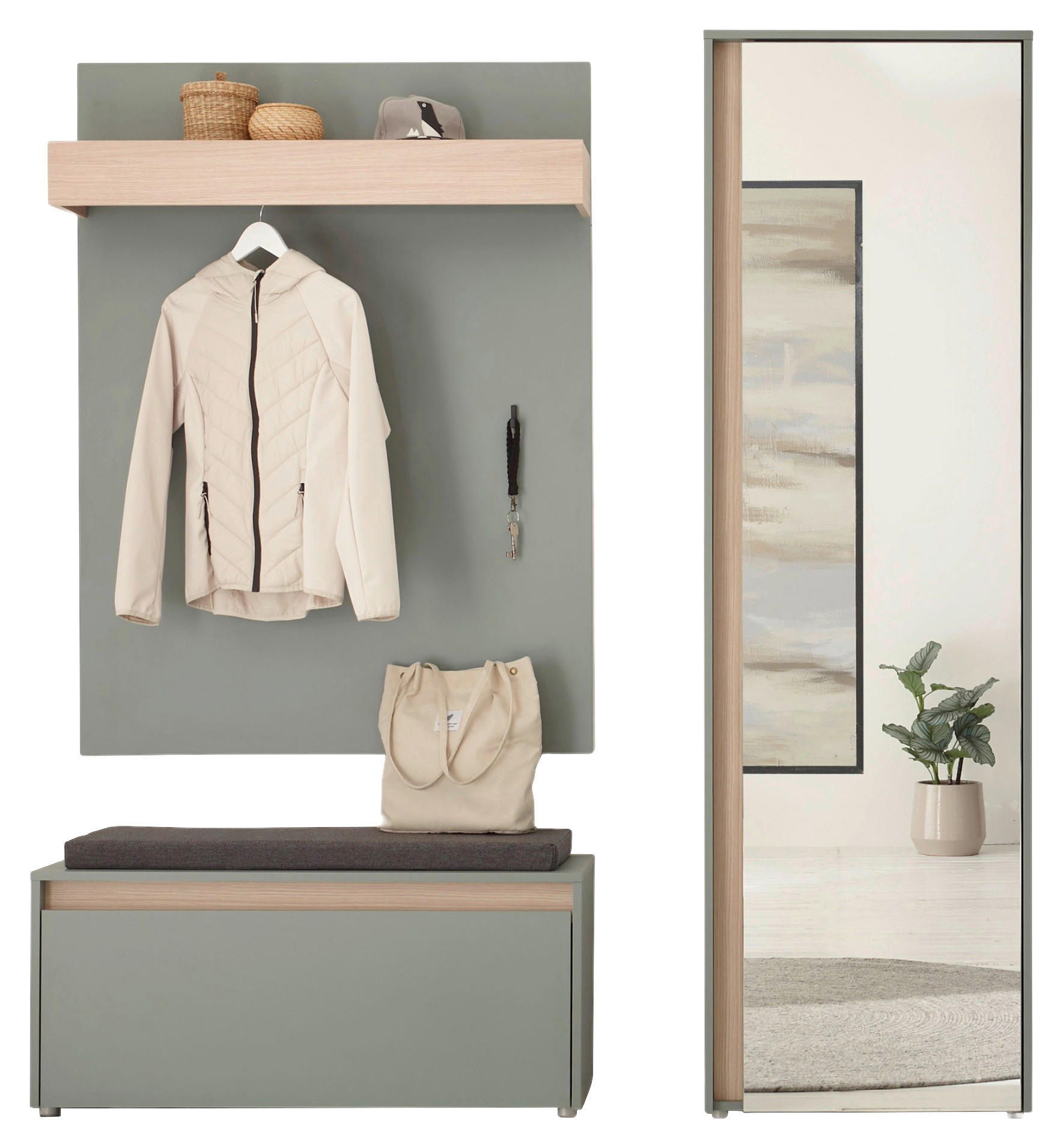 GARDEROBE 4-teilig  in 170/200/40 cm  - Eichefarben/Salbeigrün, Design, Holzwerkstoff/Textil (170/200/40cm) - Modante