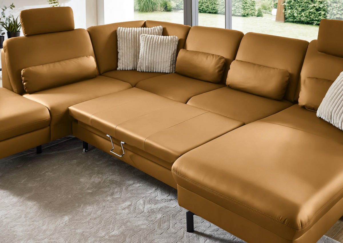 WOHNLANDSCHAFT Echtleder Senfgelb  - Senfgelb/Schwarz, Konventionell, Leder/Metall (224/306/168cm) - Beldomo Premium