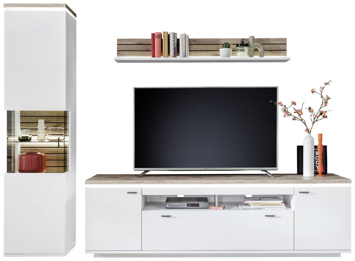 WOHNWAND  Weiss, Eichefarben 270/207/50 cm  - Weiss/Eichefarben, Design, Glas/Holzwerkstoff (270/207/50cm) - Stylife