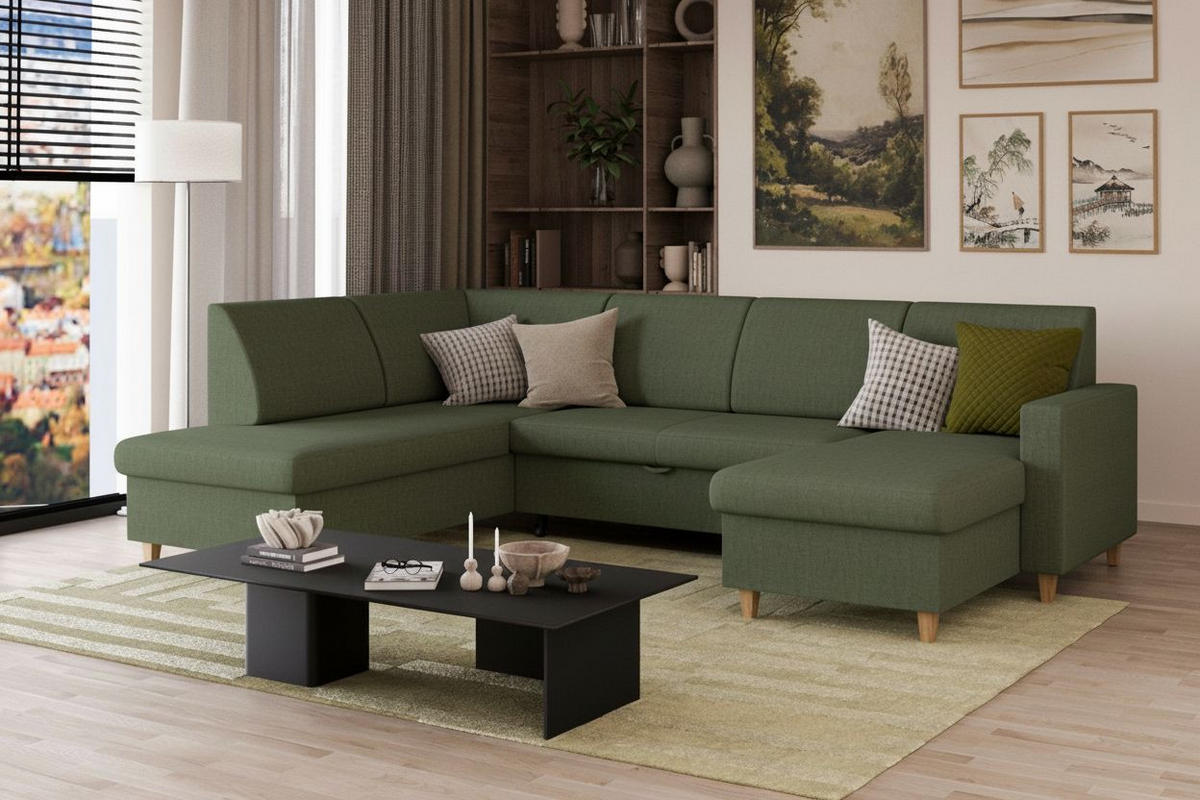 WOHNLANDSCHAFT NIKAS Grün Bouclé  - Buchefarben/Grün, Design, Holz/Textil (310/198/145cm) - MID.YOU