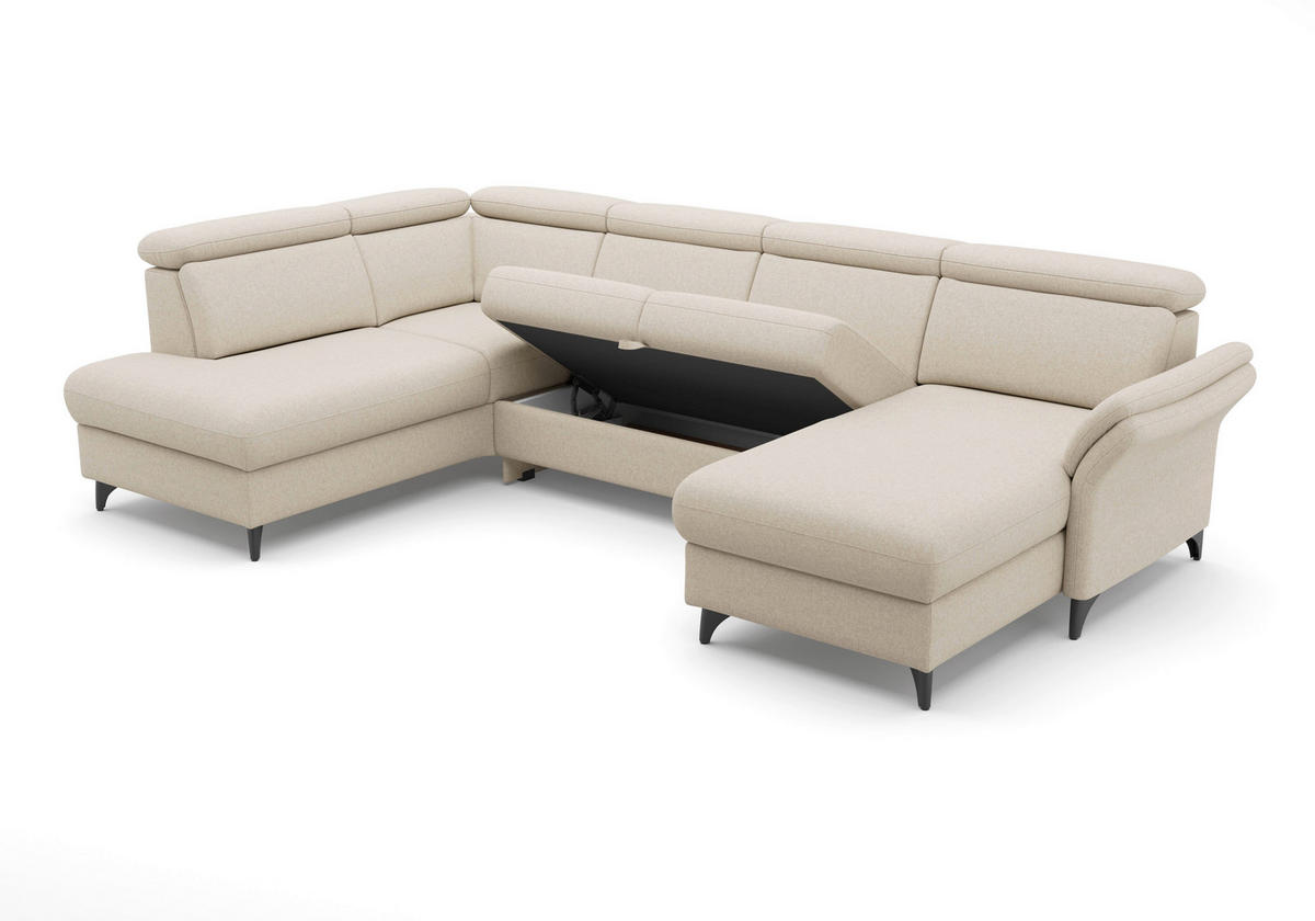 WOHNLANDSCHAFT GLENDALE E Creme Flachgewebe  - Creme/Schwarz, KONVENTIONELL, Textil/Metall (193/321/166cm) - Sit & More