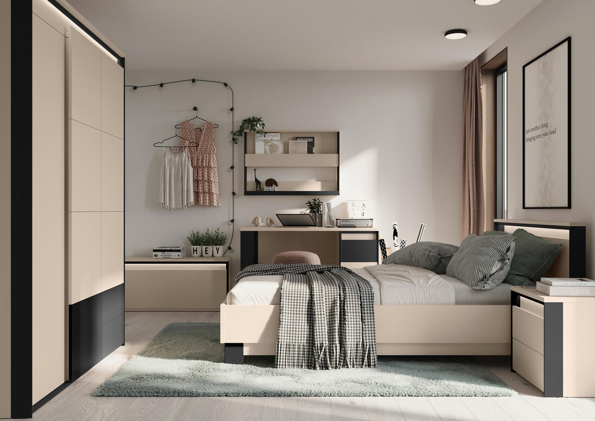 BETT 120/200 cm,  in Schwarz, Beige, Beleuchtung  - Beige/Schwarz, Design, Metall (120/200cm) - Voleo
