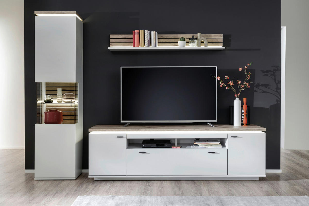 WOHNWAND  in Eichefarben, Weiß  270/207/50 cm  - Eichefarben/Anthrazit, Design, Glas/Holzwerkstoff (270/207/50cm) - Stylife