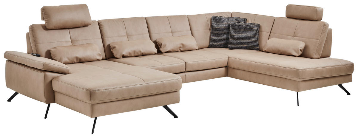 WOHNLANDSCHAFT in Lederlook, Mikrofaser Hellbraun, Haselnussfarben  - Hellbraun/Schwarz, Design, Textil/Metall (345/220cm) - Beldomo System