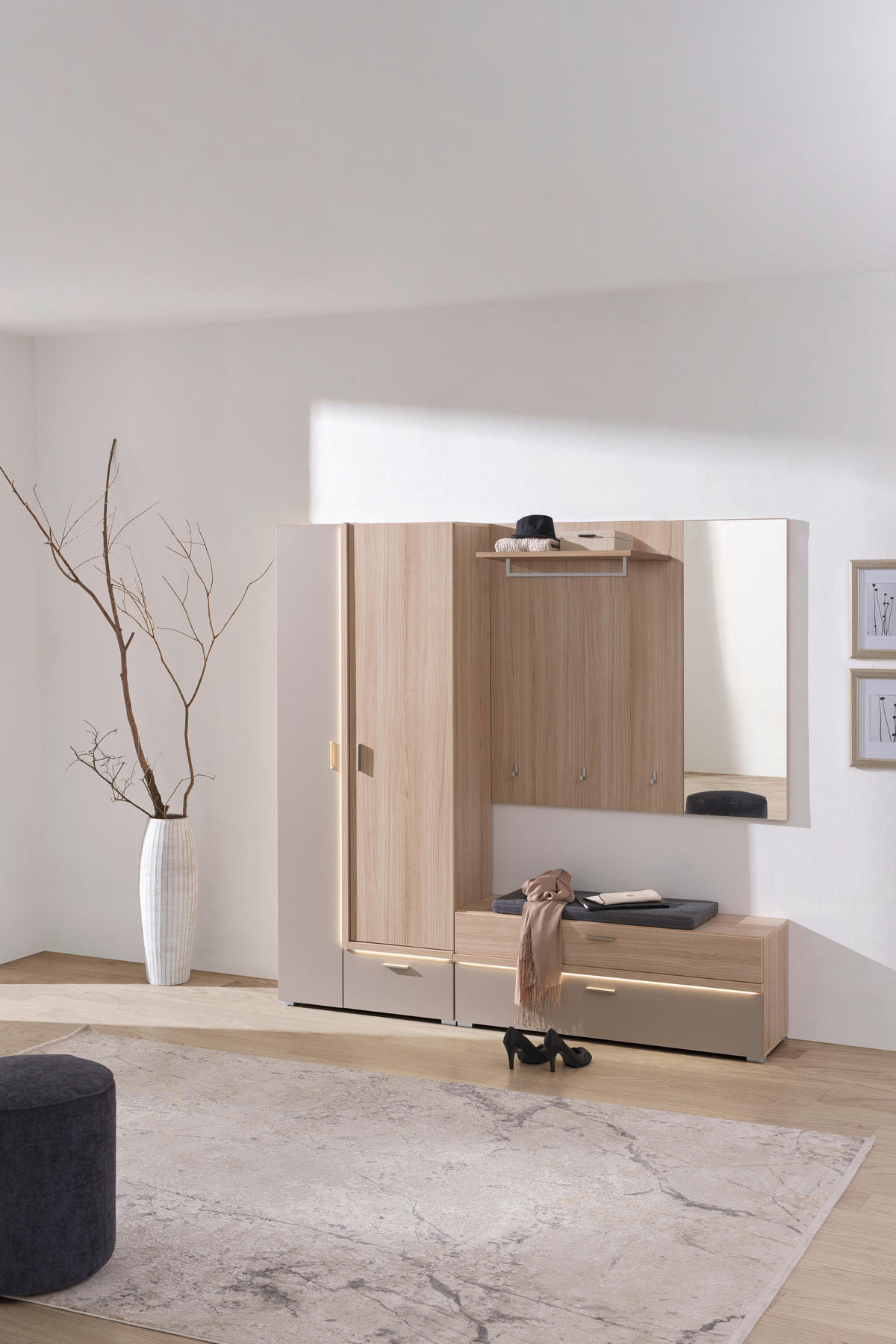 GARDEROBE 3-teilig  in 198/194/38 cm  - Eiche Bianco/Grau, Design, Glas/Holzwerkstoff (198/194/38cm) - Voleo