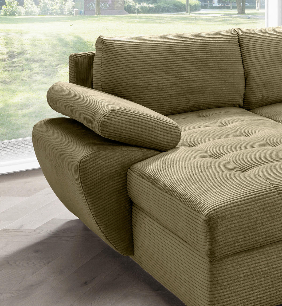 WOHNLANDSCHAFT in Cord Olivgrün  - Chromfarben/Olivgrün, KONVENTIONELL, Textil/Metall (157/305/219cm) - Livetastic