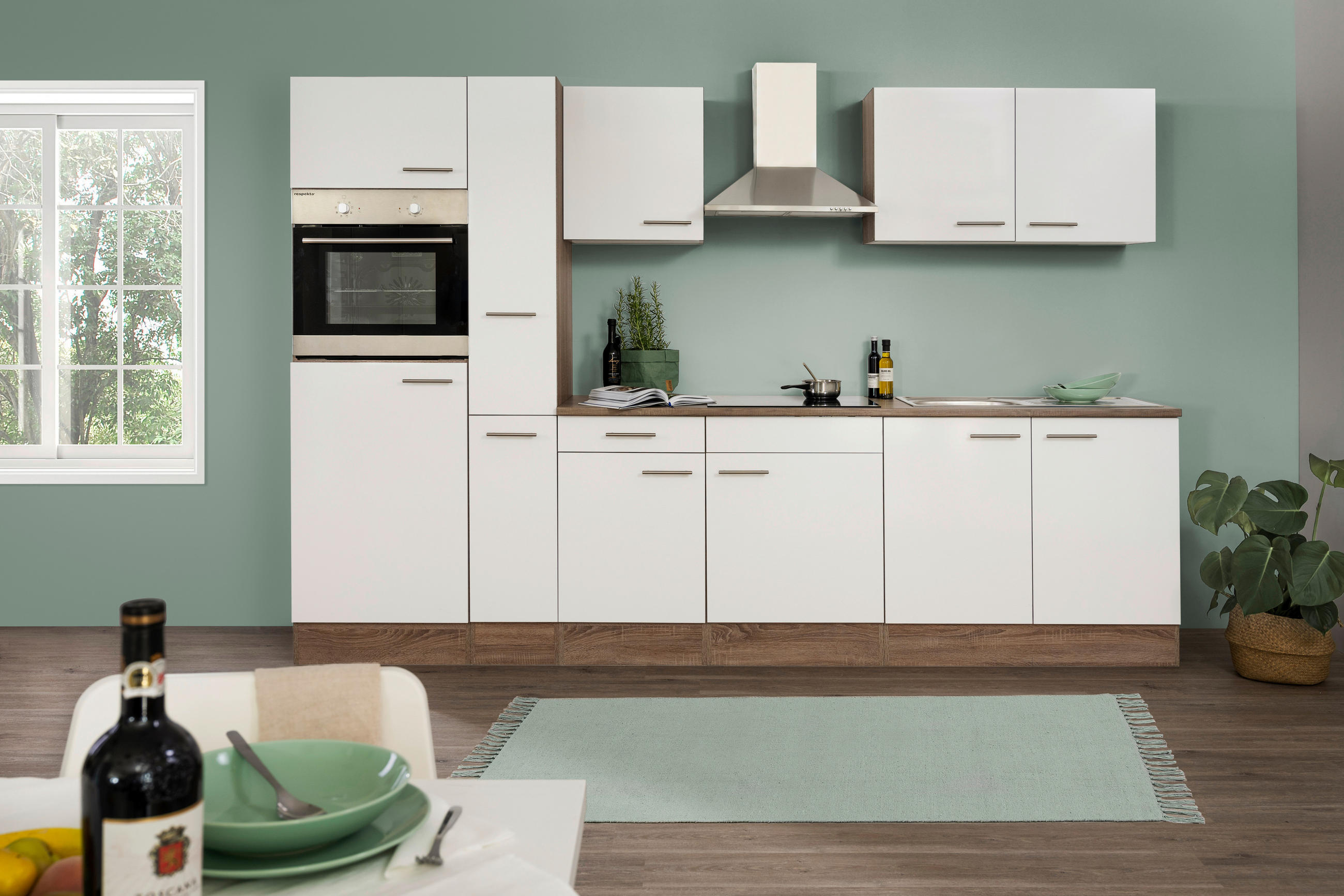 KÜCHENBLOCK 300 cm in Weiß, Eichefarben - Edelstahlfarben/Eichefarben, Design, Holzwerkstoff/Metall (300cm) - Respekta