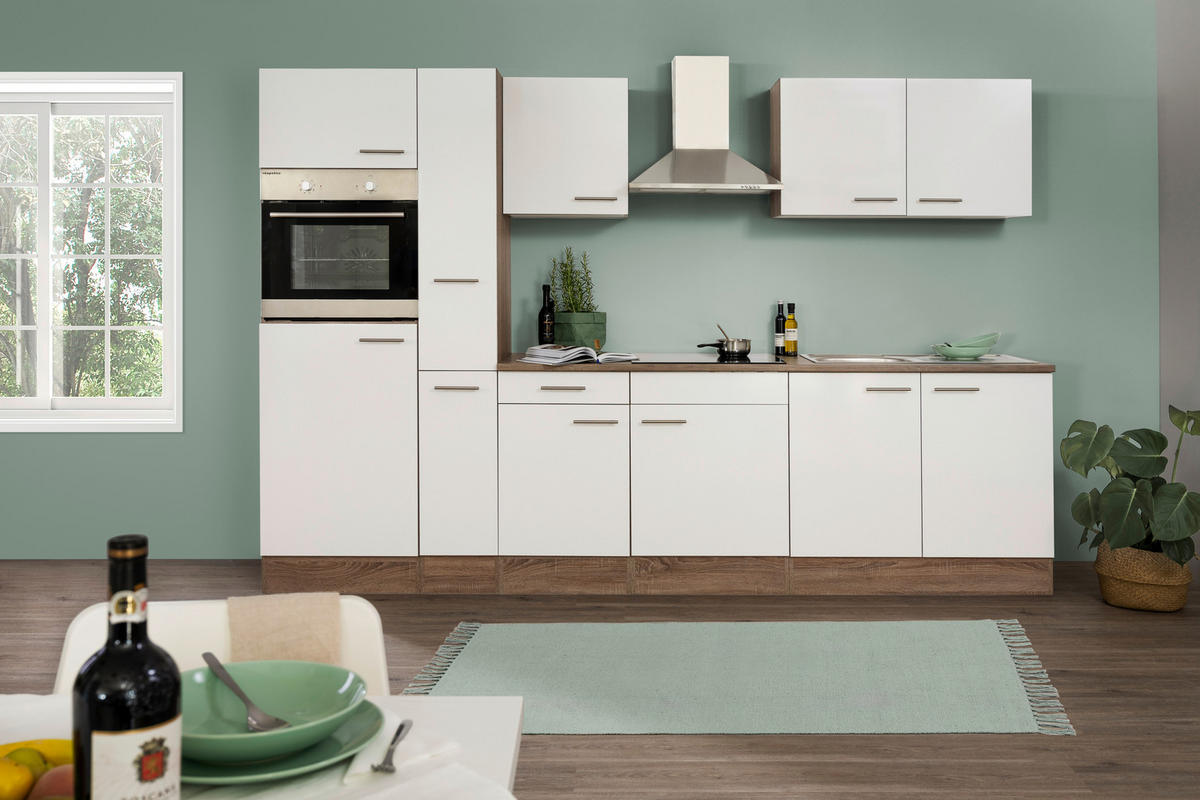 KÜCHENBLOCK 300 cm   in Weiss, Eichefarben  - Weiss/Edelstahlfarben, Design, Holzwerkstoff/Metall (300cm) - Respekta