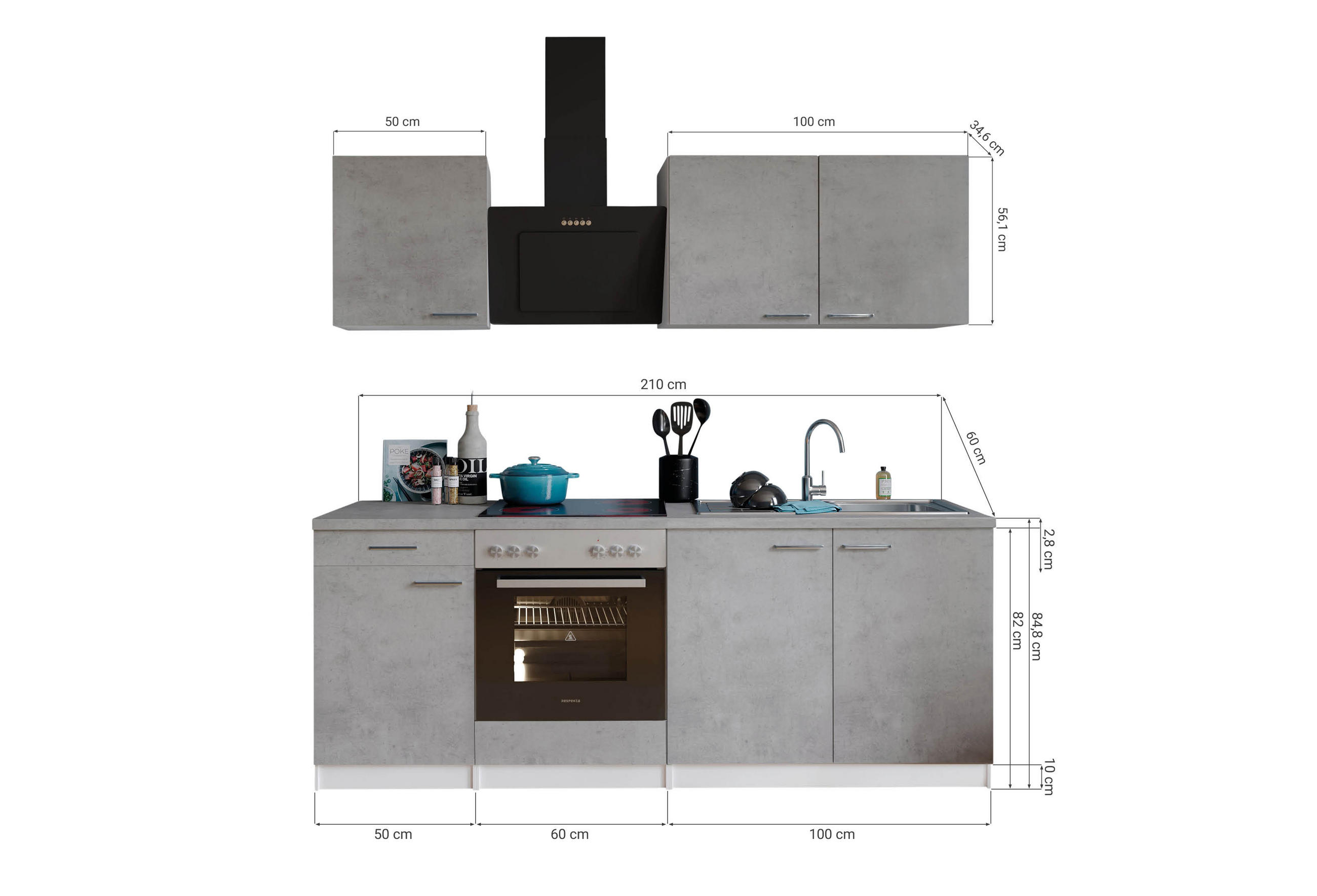 MODULKÖK 210 cm   i grå, vit  - stålfärgad/vit, Basics, metall/trämaterial (210cm) - Respekta
