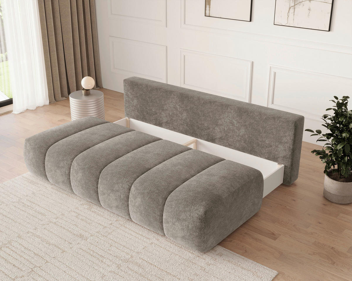 SCHLAFSOFA Chenille Graubraun  inkl. Zierkissen, Rückenkissen, Bettkasten, Schlaffunktion, Rücken echt, Liegefläche im Originalstoff  - Graubraun/Schwarz, MODERN, Kunststoff/Textil (210/88/104cm) - Milino