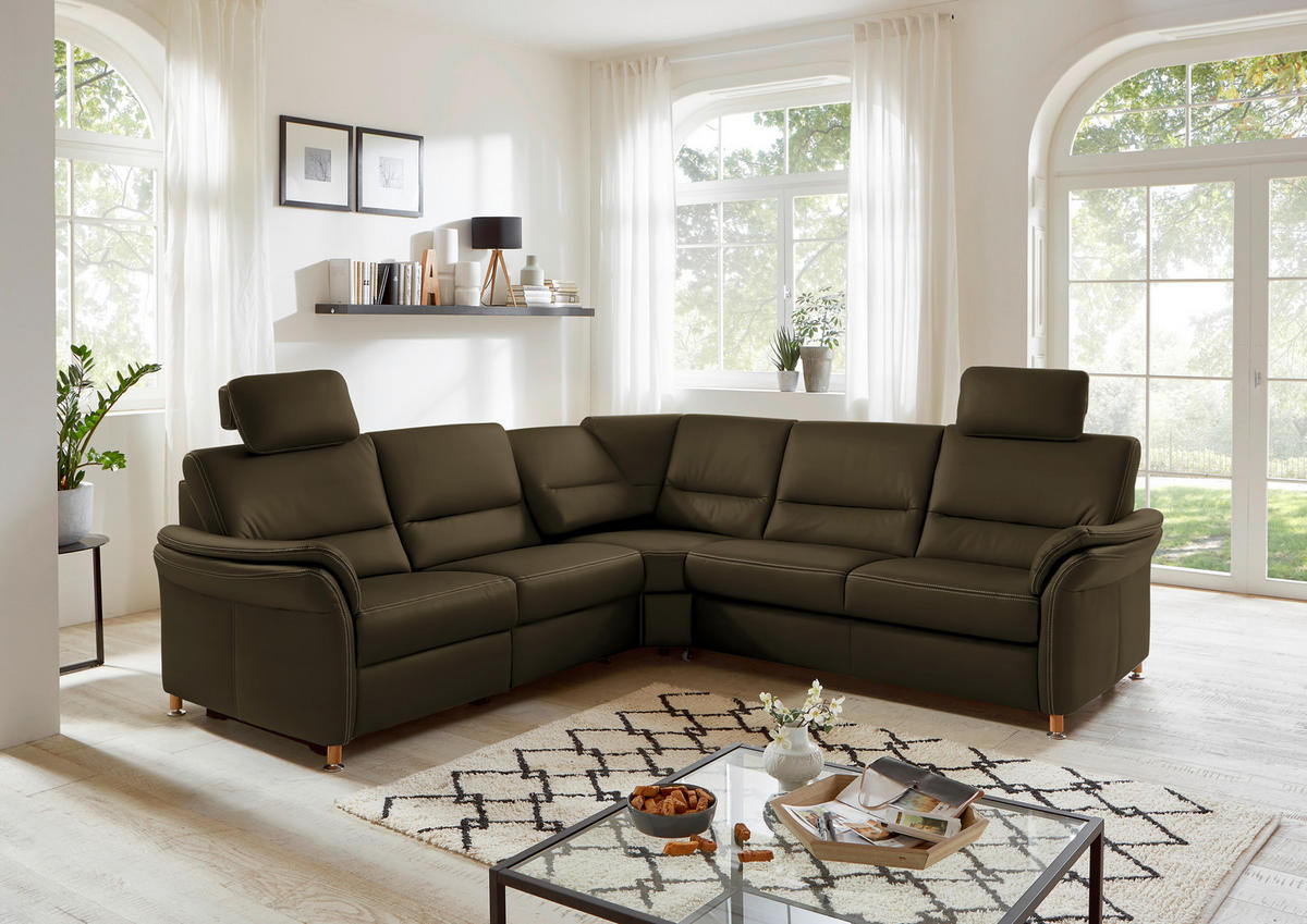 ECKSOFA in Echtleder Grün  262/262 cm  - Eichefarben/Beige, KONVENTIONELL, Leder/Holz (262/262cm) - Beldomo Premium