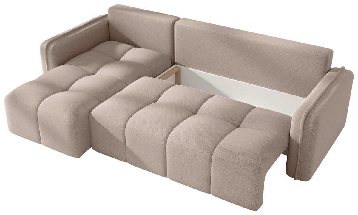 ECKSOFA Creme Flachgewebe Zierkissen, Rückenkissen, Bettkasten, Schlaffunktion, Rücken echt, Liegefläche im Originalstoff  - Creme/Schwarz, MODERN, Kunststoff/Textil (142/240cm) - Carryhome