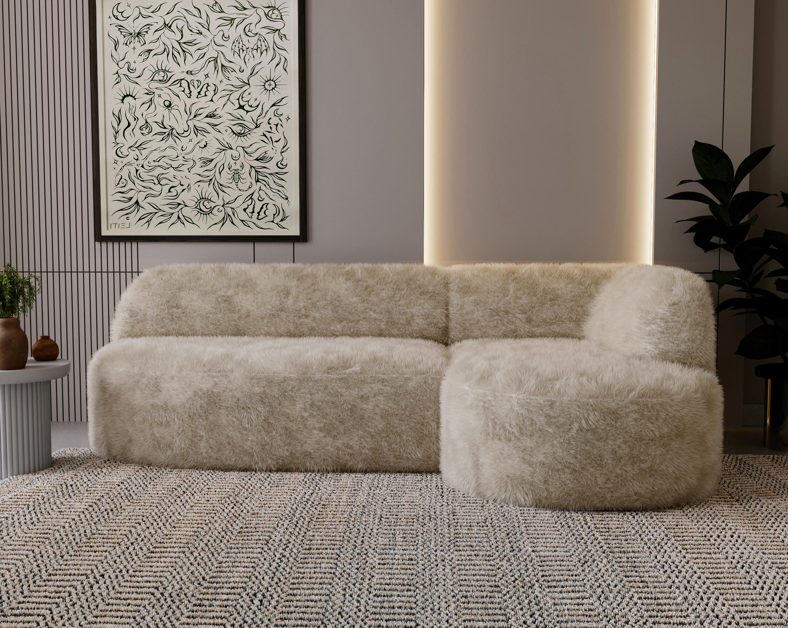 ECKSOFA Teddystoff Creme  - Creme/Schwarz, Design, Kunststoff/Textil (218/156cm) - Livetastic