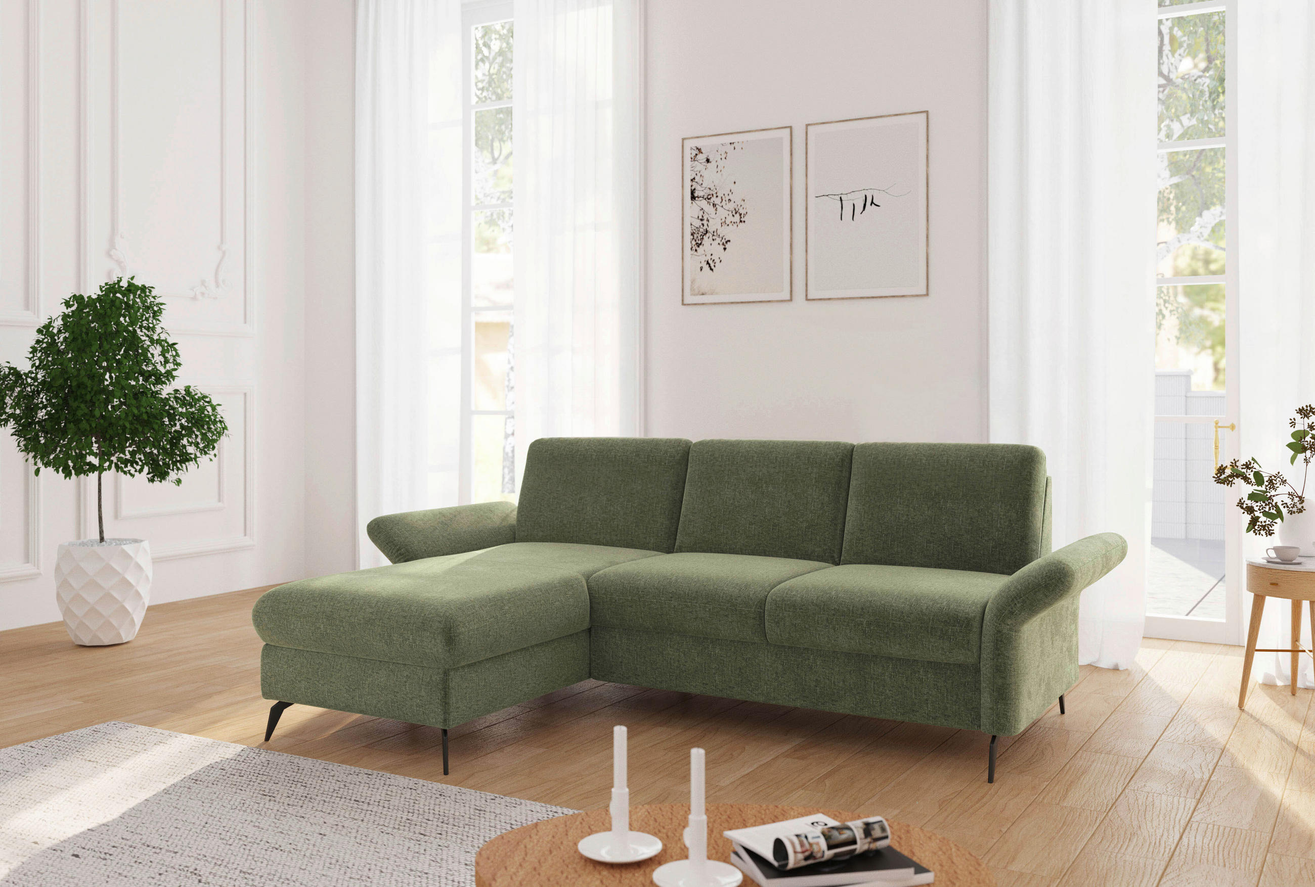 ECKSOFA ROCHELLE E Hellgrün Flachgewebe - Schwarz/Hellgrün, KONVENTIONELL, Textil/Metall (164/251cm) - Sit & More