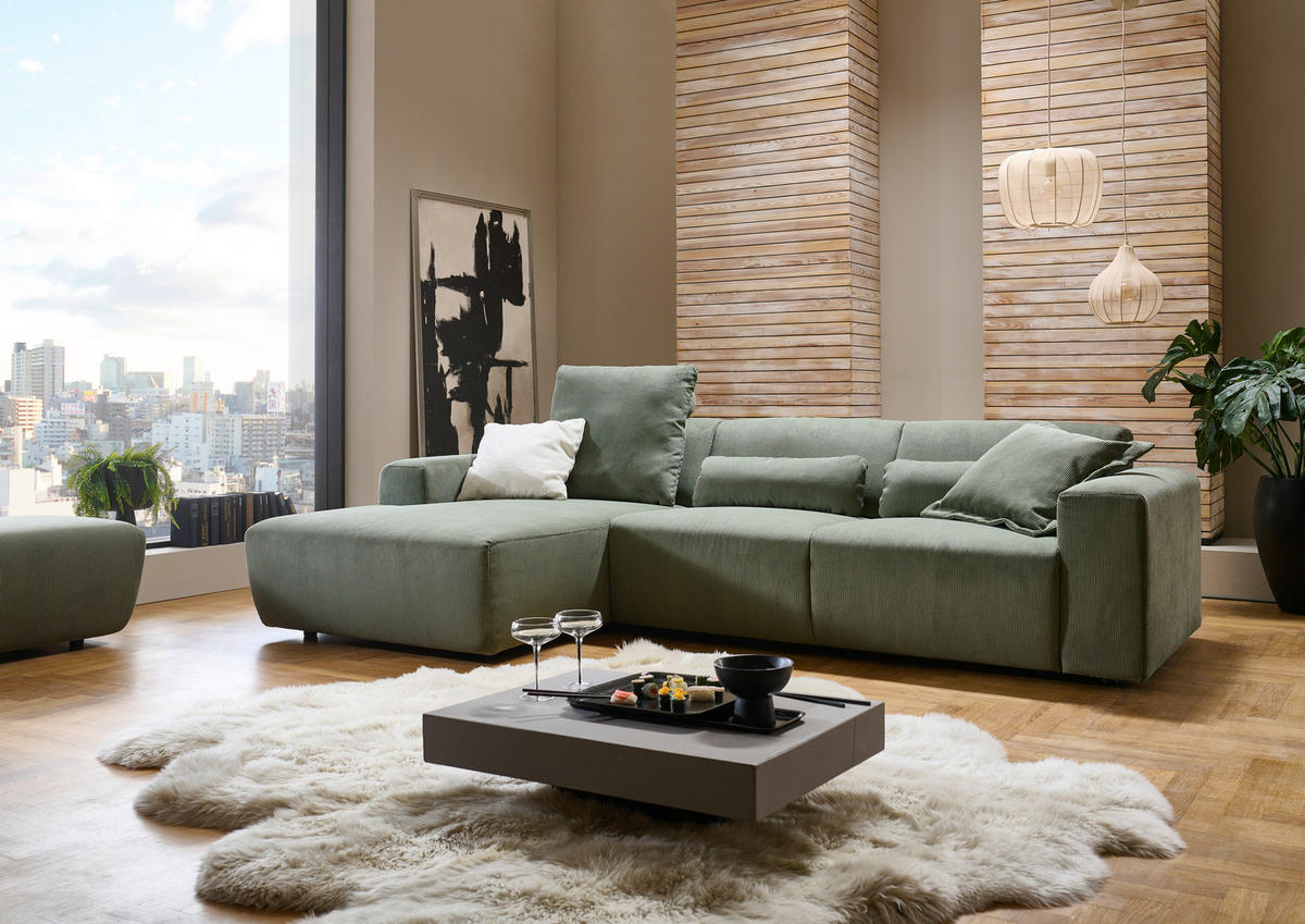 ECKSOFA in Feincord Waldgrün  - Waldgrün/Schwarz, Design, Kunststoff/Textil (174/302cm) - Beldomo Style
