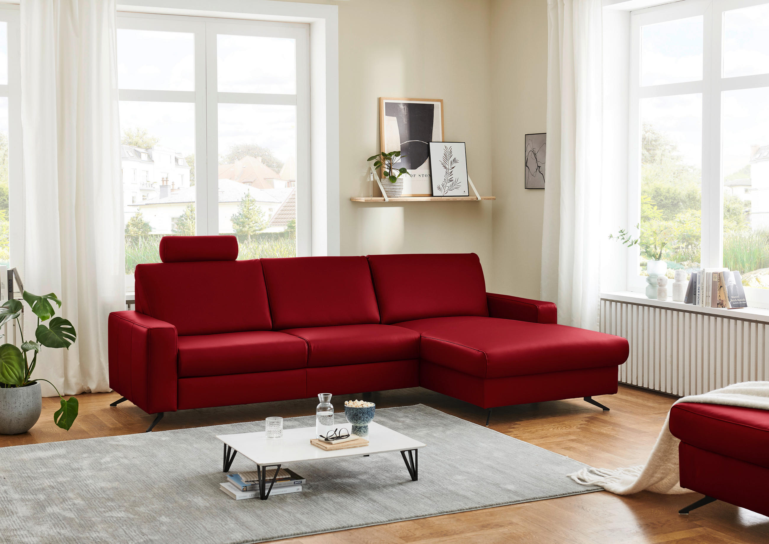 ECKSOFA in Echtleder Rot  267/165 cm  - Rot/Schwarz, Design, Leder/Metall (267/165cm) - Lomoco