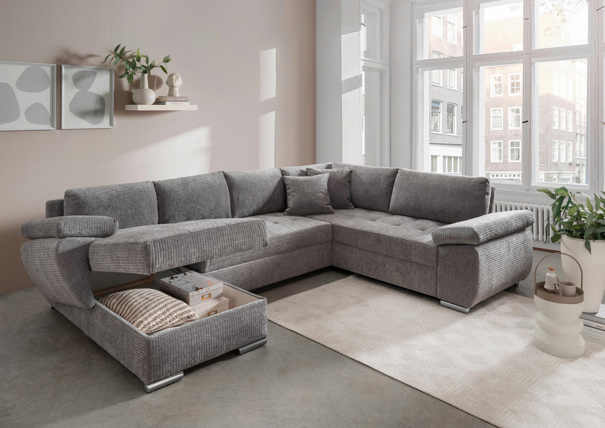 WOHNLANDSCHAFT in Mikrofaser Grau  - Chromfarben/Grau, KONVENTIONELL, Textil/Metall (157/305/219cm) - Livetastic