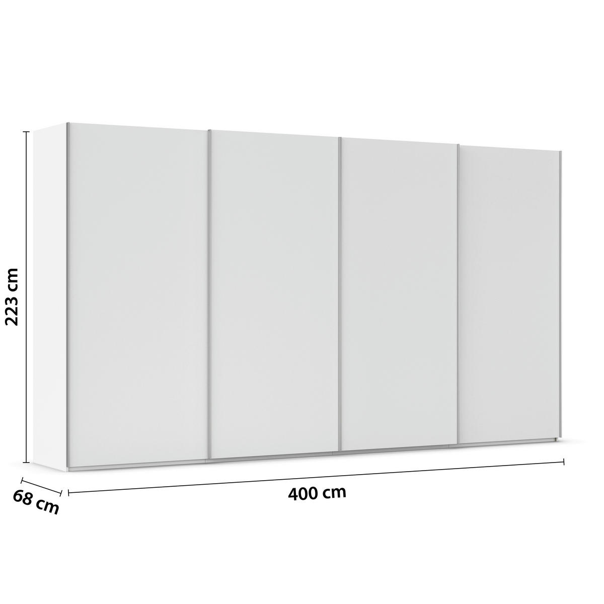 SCHWEBETÜRENSCHRANK 400/223/68 cm 4-türig Weiß, Weiß Hochglanz  - Weiß Hochglanz/Alufarben, Basics, Holzwerkstoff/Metall (400/223/68cm) - Novel