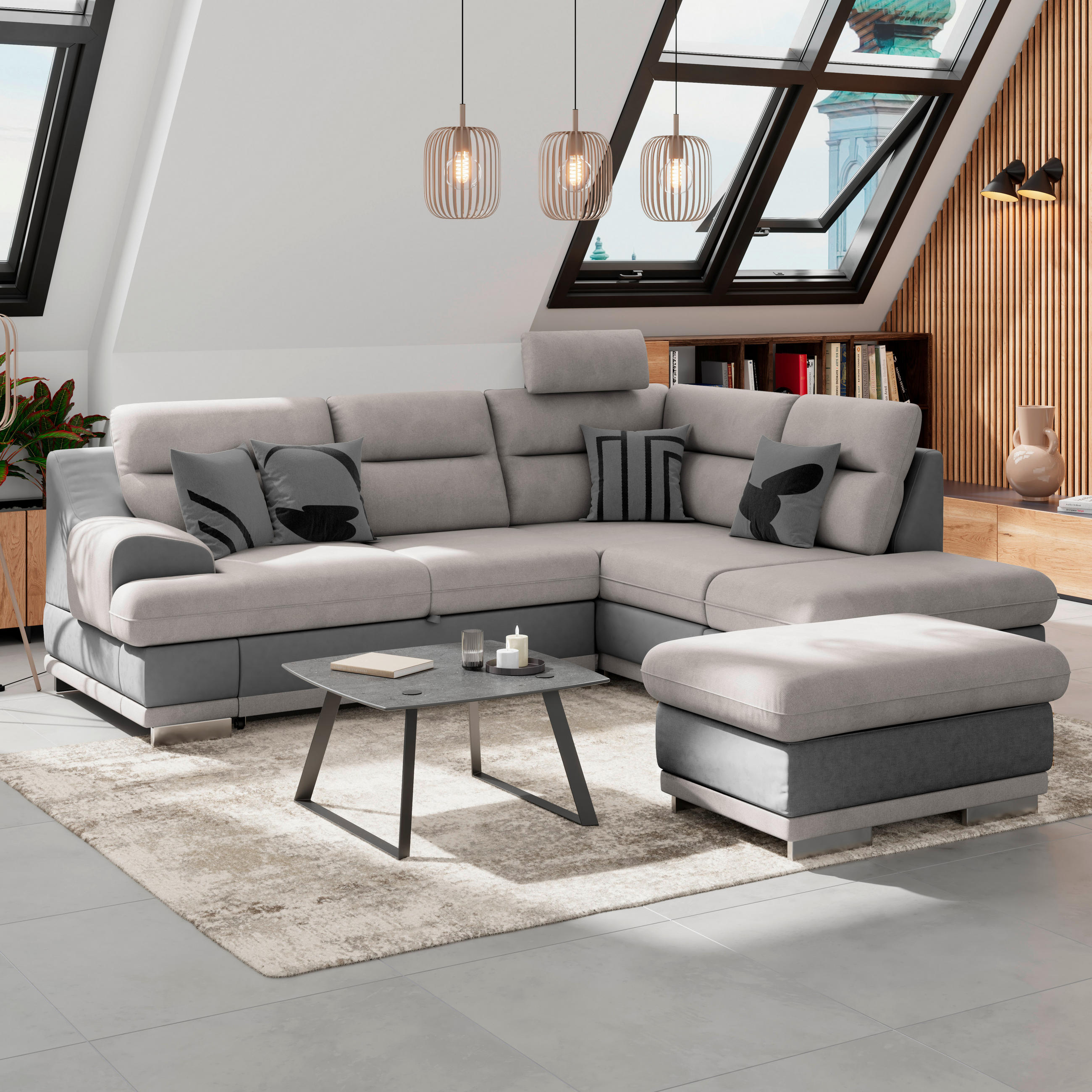 HOCKER in Textil Grau, Hellgrau  - Chromfarben/Hellgrau, Konventionell, Textil/Metall (97/47/67cm) - MID.YOU