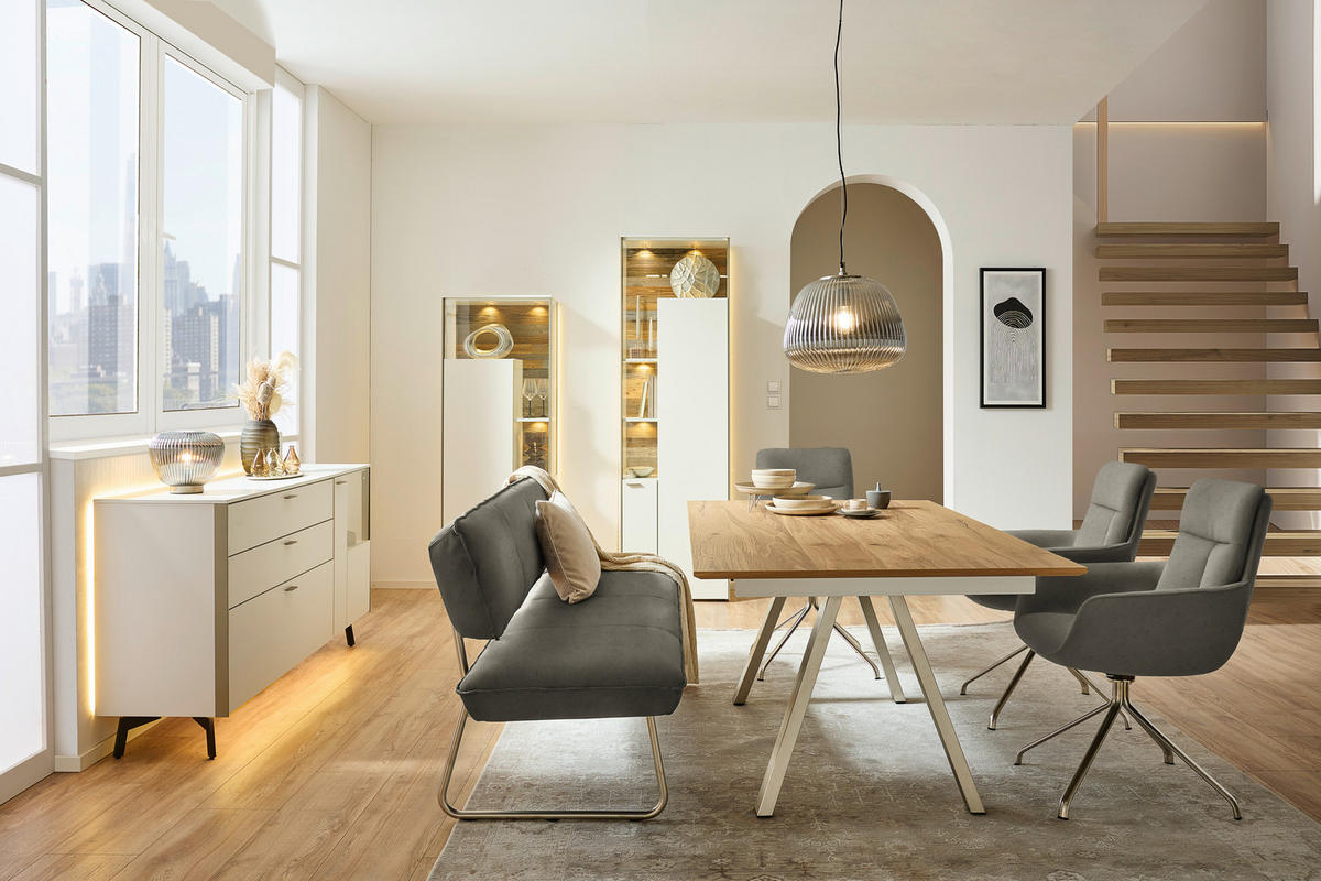 SITZBANK Metall, Textil Edelstahlfarben, Hellgrau  - Edelstahlfarben/Hellgrau, Design, Textil/Metall (200/87/67cm) - Venjakob