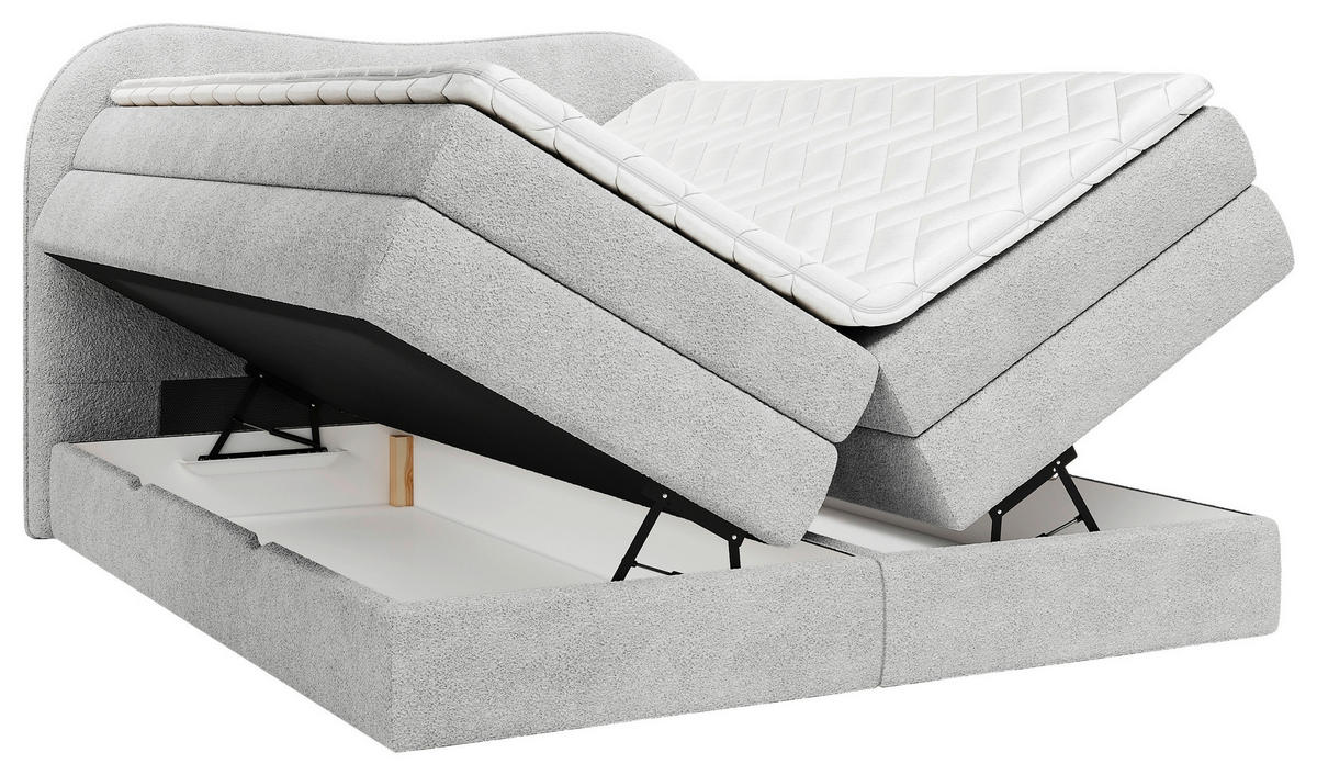 BOXSPRINGBETT 180/200 cm,  in Hellgrau, gepolstertes Kopfteil, Bettkasten, Topper, Matratzen, H3 + H3 = fest  - Hellgrau/Schwarz, Design, Holz/Holzwerkstoff (180/200cm) - Chameo