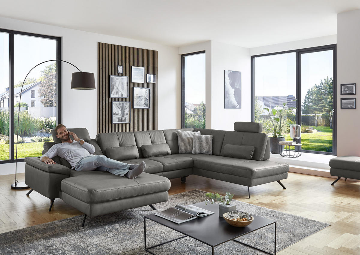 WOHNLANDSCHAFT in Lederlook, Mikrofaser Dunkelgrau  - Dunkelgrau/Schwarz, Design, Textil/Metall (179/343/220cm) - Beldomo System