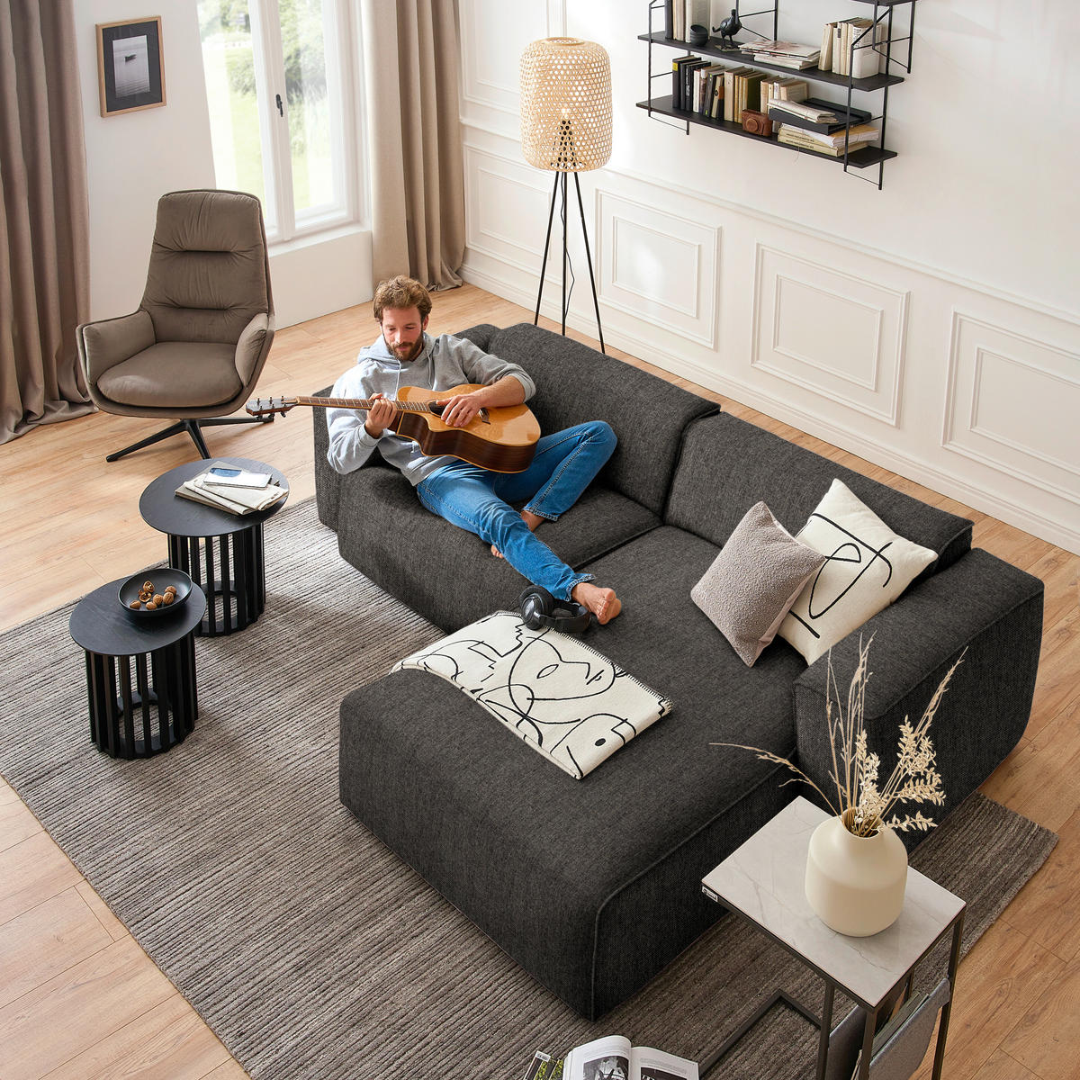 ECKSOFA in Webstoff Dunkelbraun  265/171 cm  - Dunkelbraun/Schwarz, Design, Kunststoff/Textil (265/171cm) - home24