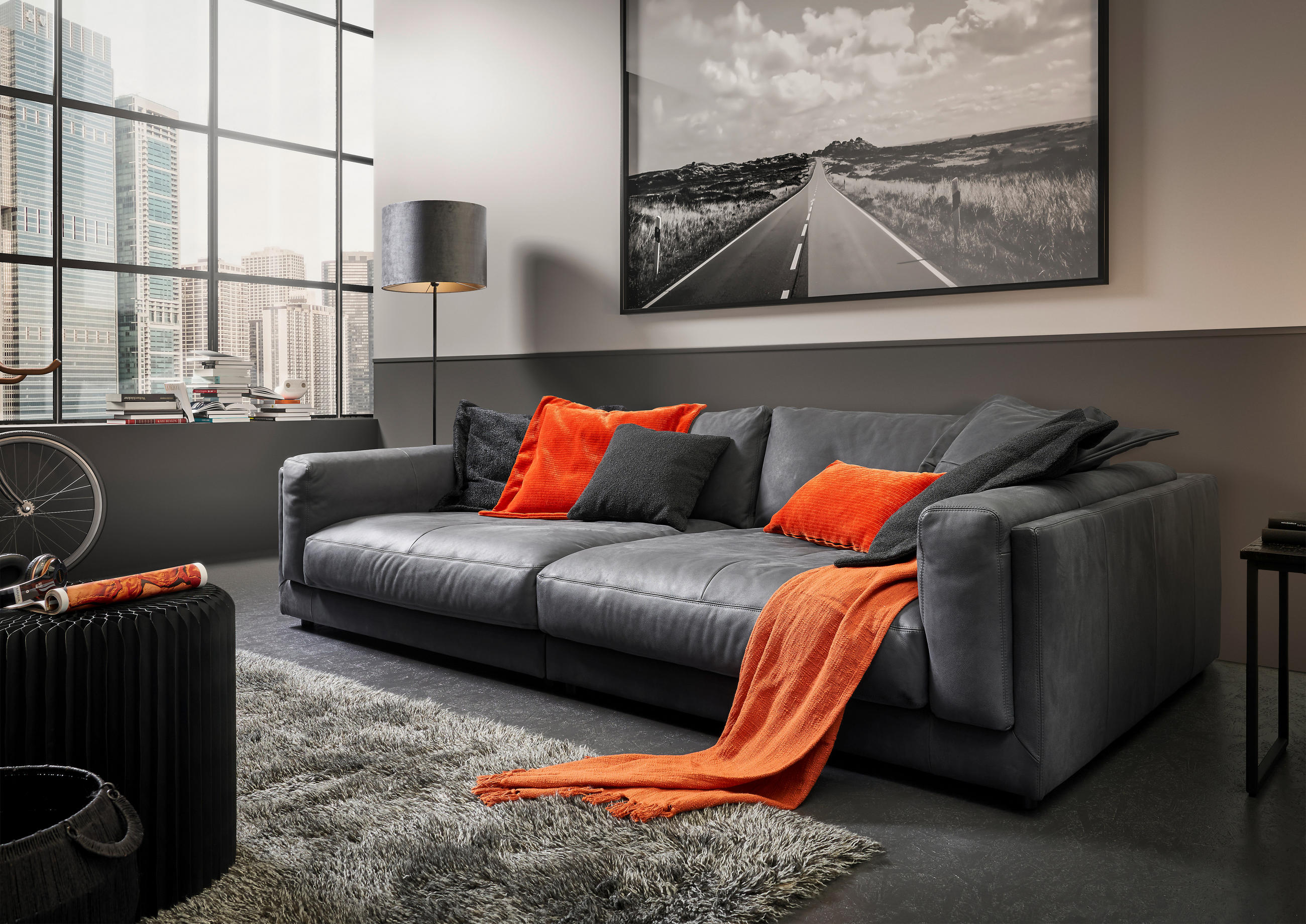 BIGSOFA Echtleder Anthrazit  - Anthrazit/Schwarz, Design, Leder/Kunststoff (294/85/150cm) - Pure Home Lifestyle