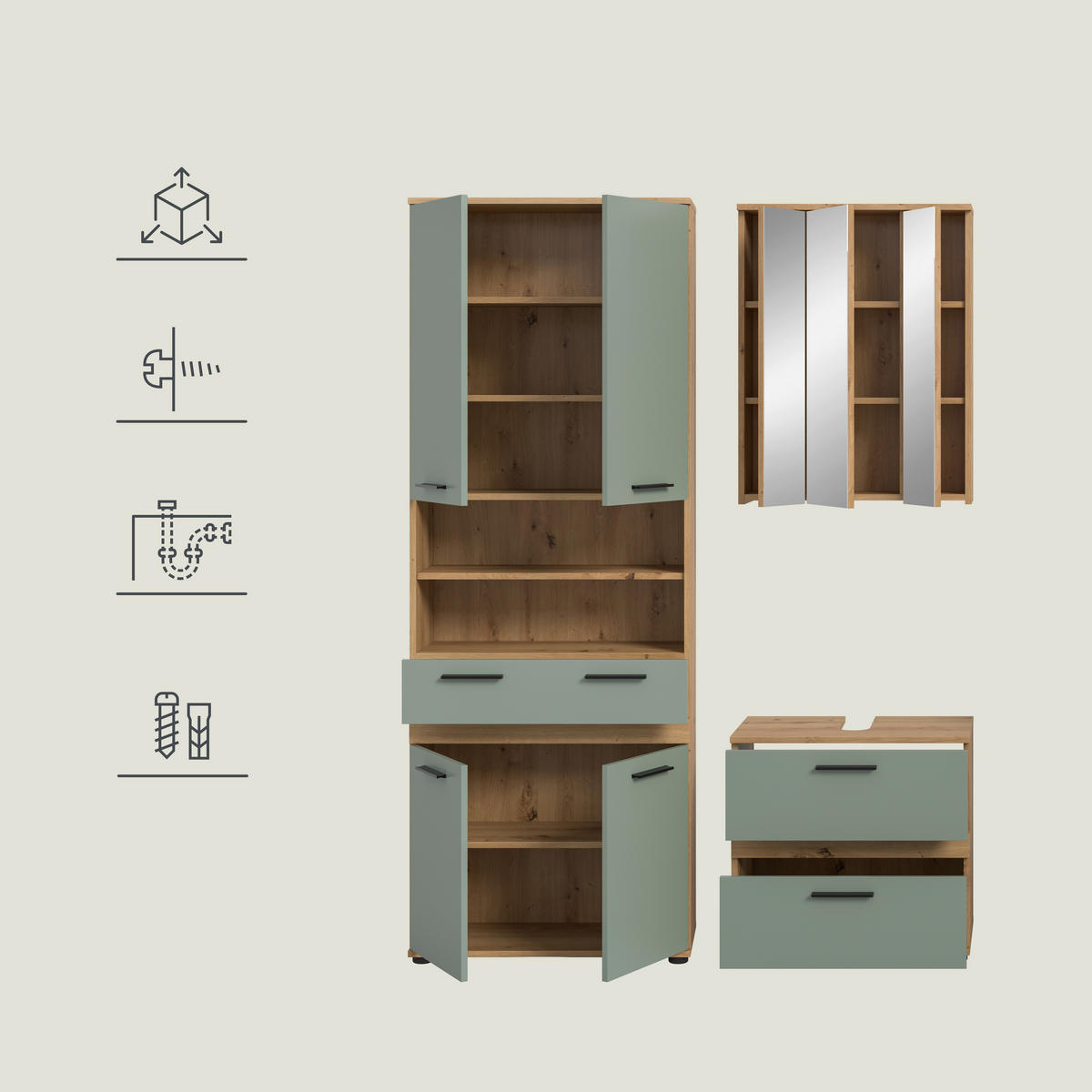 BADEZIMMER 3-teilig  in 145 cm  - Salbeigrün/Schwarz, Trend, Glas/Holzwerkstoff (145cm) - MID.YOU
