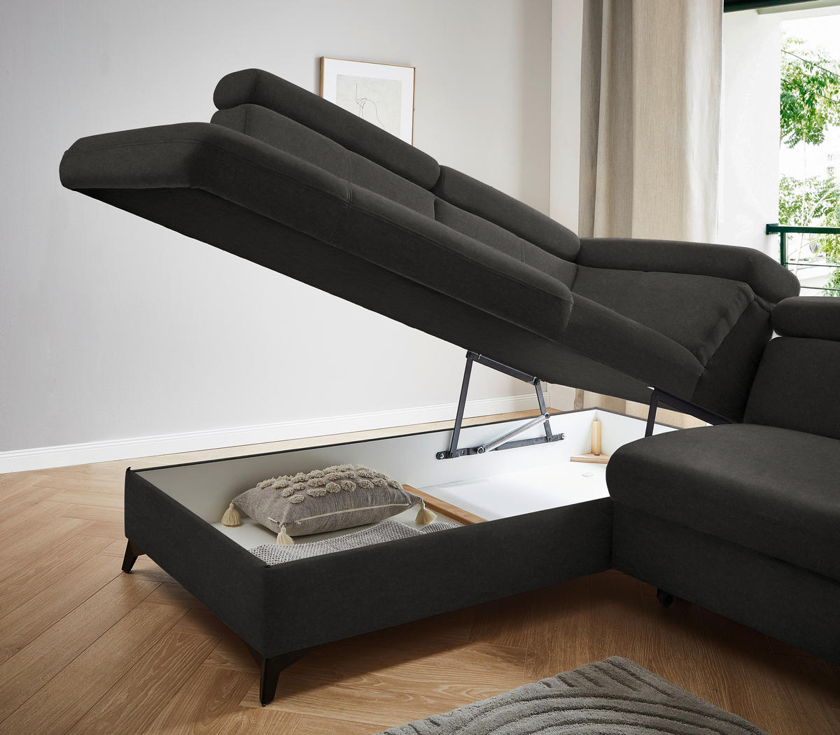 ECKSOFA in Mikrofaser Dunkelgrau  - Dunkelgrau/Schwarz, Design, Textil/Metall (203/260cm) - Stylife