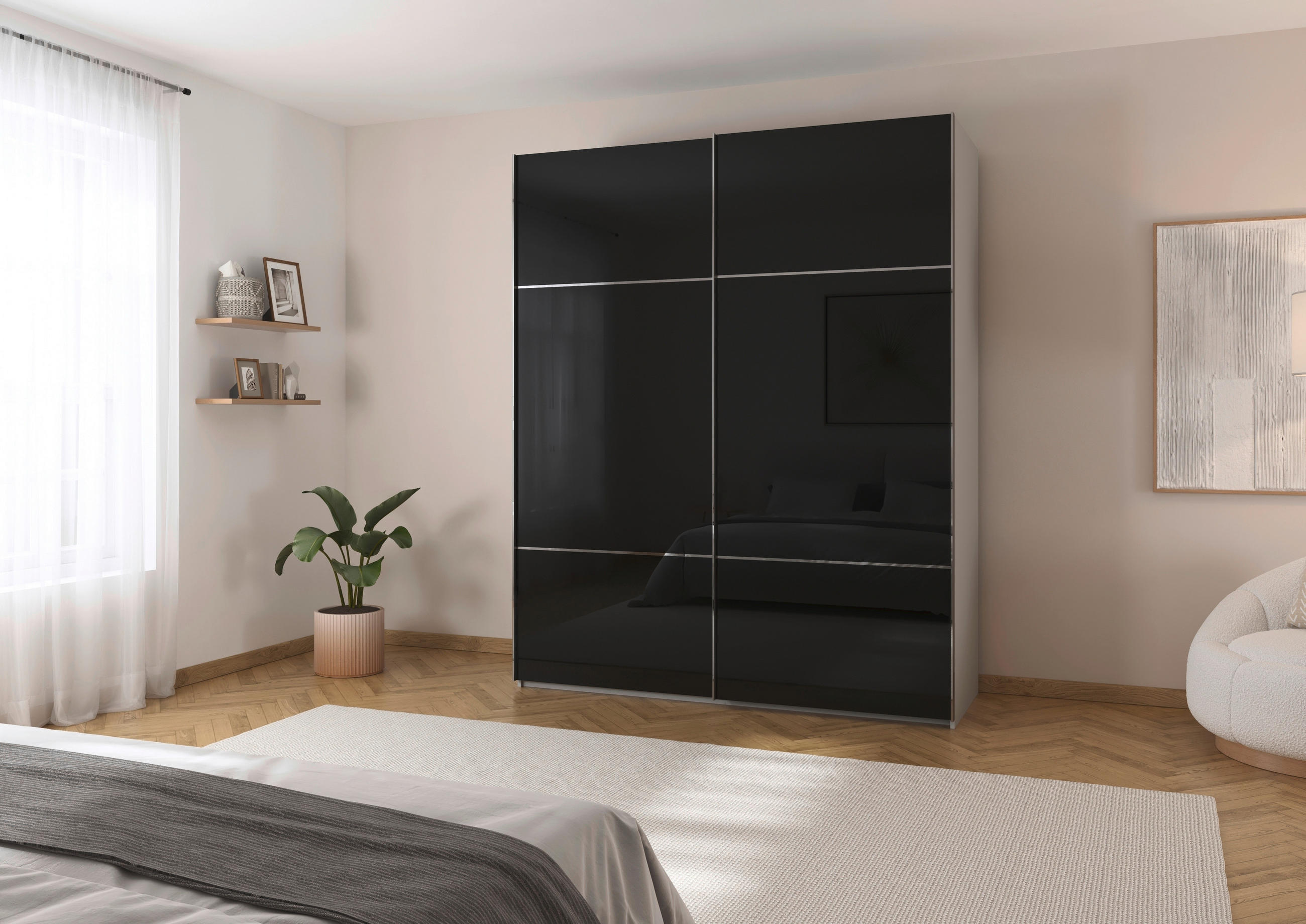 SCHWEBETÜRENSCHRANK 201/223/67 cm 2-türig Grau, Schwarz  - Chromfarben/Schwarz, KONVENTIONELL, Glas/Holzwerkstoff (201/223/67cm) - Novel