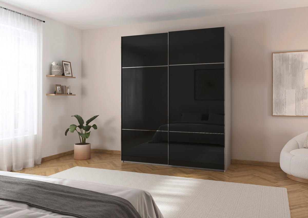 SCHWEBETÜRENSCHRANK in Grau, Schwarz  - Chromfarben/Schwarz, Konventionell, Glas/Holzwerkstoff (201/223/67cm) - Novel