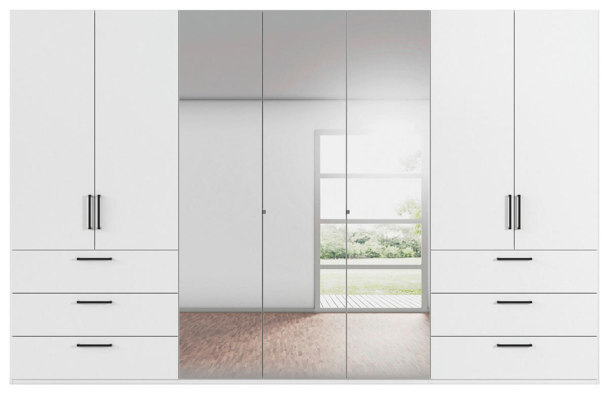 DREHTÜRENSCHRANK 350/223/61 cm,  in Weiß, 7-türig  - Chromfarben/Schwarz, Basics, Glas/Holzwerkstoff (350/223/61cm) - Novel