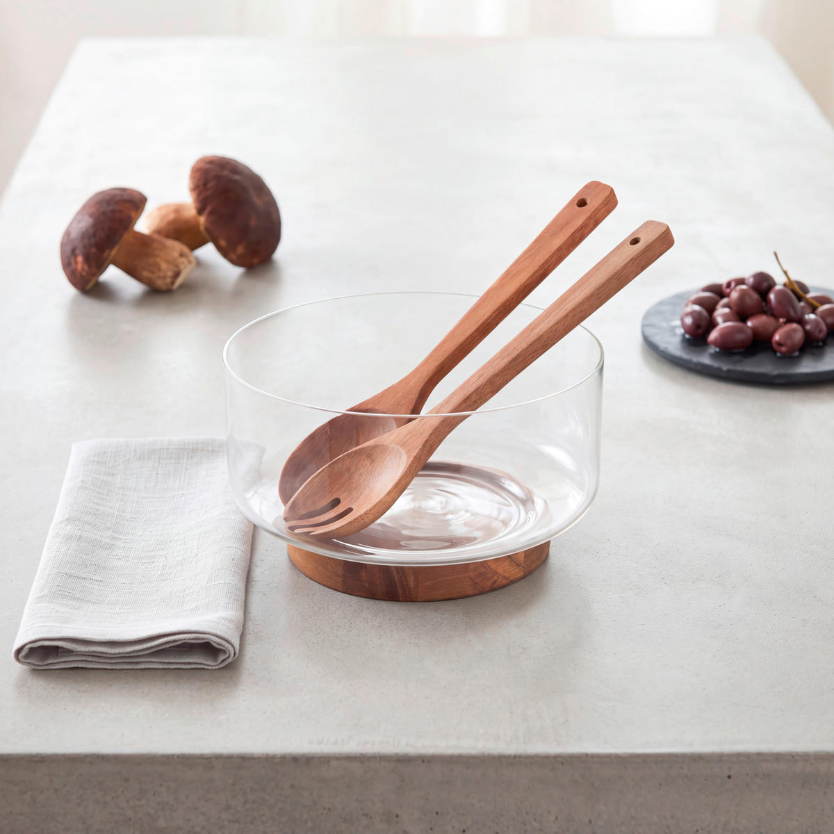 SALATSCHÜSSEL   - Klar/Akaziefarben, Design, Glas/Holz - Ambia Home