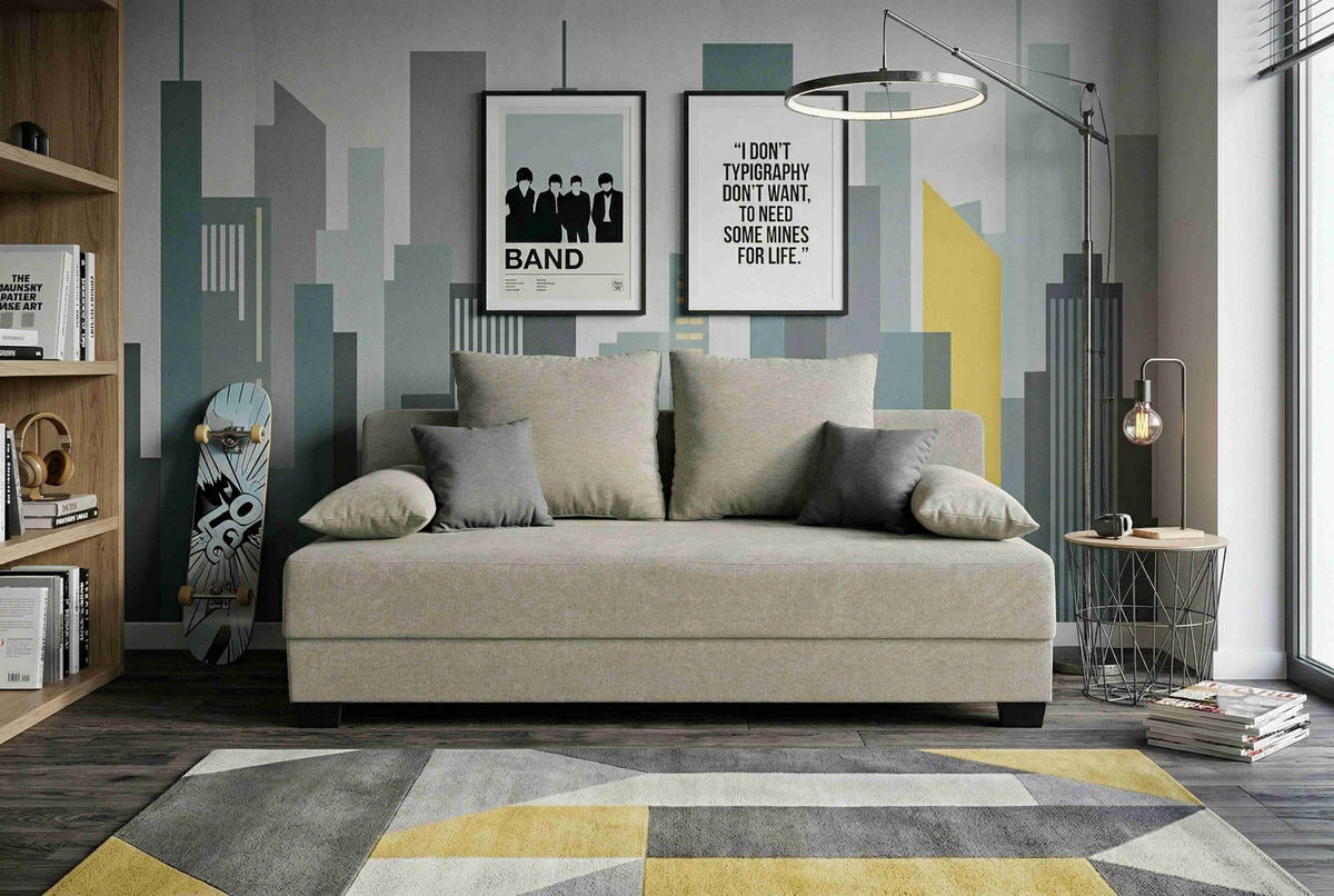 SCHLAFSOFA Webstoff Beige  inkl. Zierkissen, Rückenkissen, Armlehnenkissen, Schlaffunktion, Rücken echt, Stauraum  - Beige/Schwarz, Design, Kunststoff/Textil (200/90/110cm) - P & B