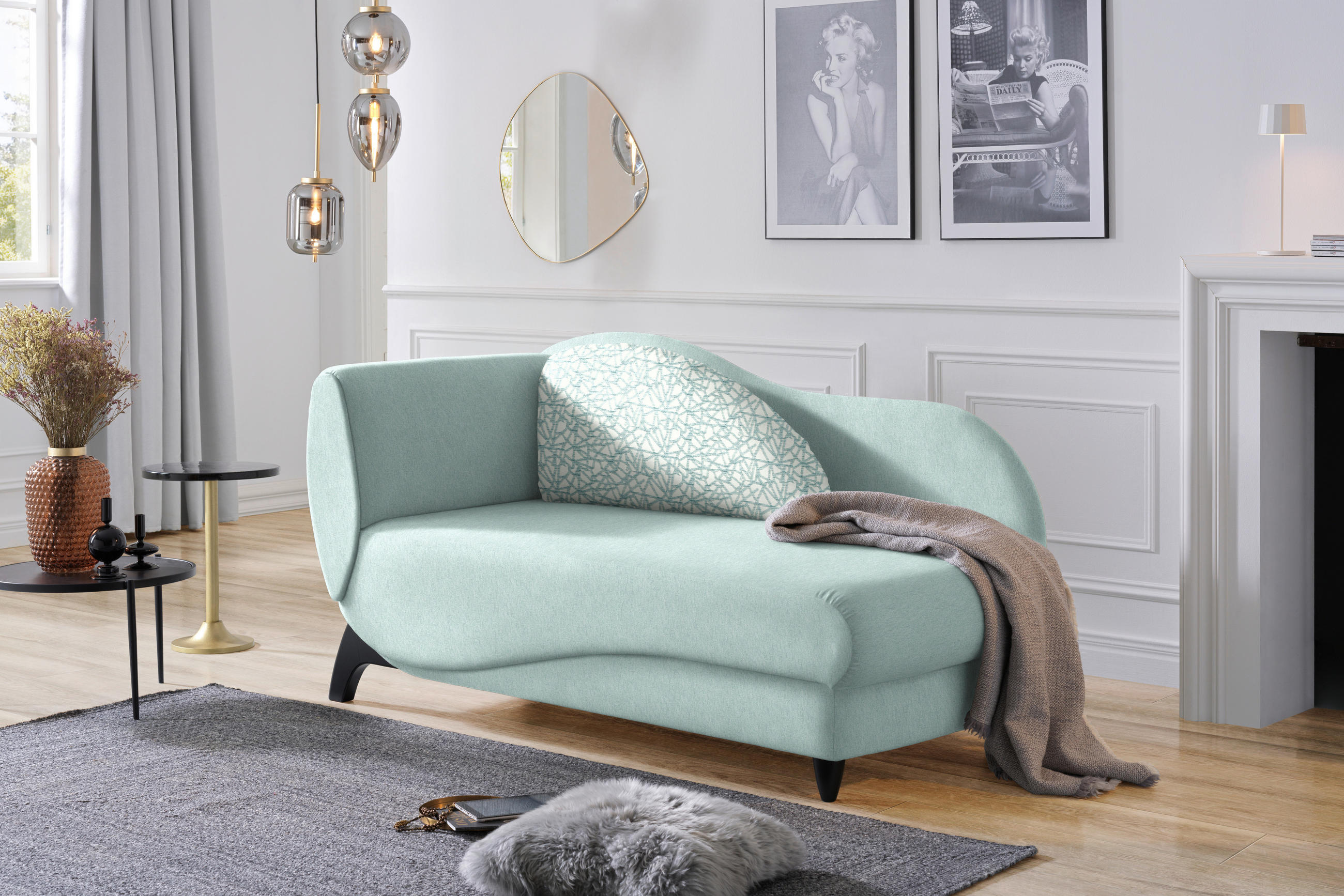 RÉCAMIERE in Webstoff Mintgrün  - Schwarz/Mintgrün, MODERN, Holz/Textil (171-190/87/84cm) - Joka