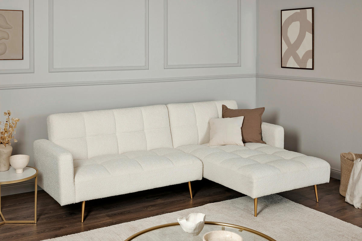 ECKSCHLAFSOFA CHILLAX POSH CORNER EU Elfenbein Bouclé  - Elfenbein/Goldfarben, MODERN, Holz/Textil (244/150cm) - Livetastic
