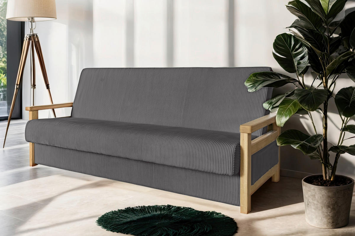SCHLAFSOFA  mit Liegefunktion Cord Graphitfarben  - Graphitfarben/Naturfarben, Design, Holz/Textil (220/90/90cm) - P & B
