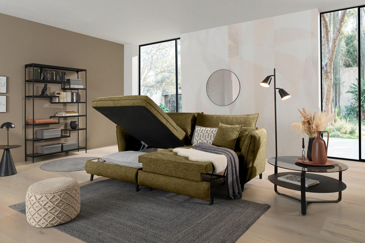 ECKSOFA inkl. Funktionen Olivgrün Struktur  - Schwarz/Olivgrün, Design, Holz/Textil (245/161cm) - Stylife