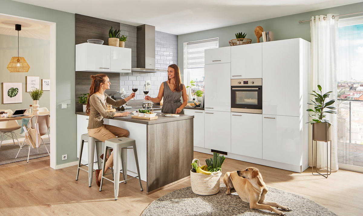 KÜCHENLEERBLOCK   in Eichefarben, Weiß Hochglanz  - Edelstahlfarben/Eichefarben, MODERN, Holzwerkstoff/Metall (305/255/185cm) - Welnova