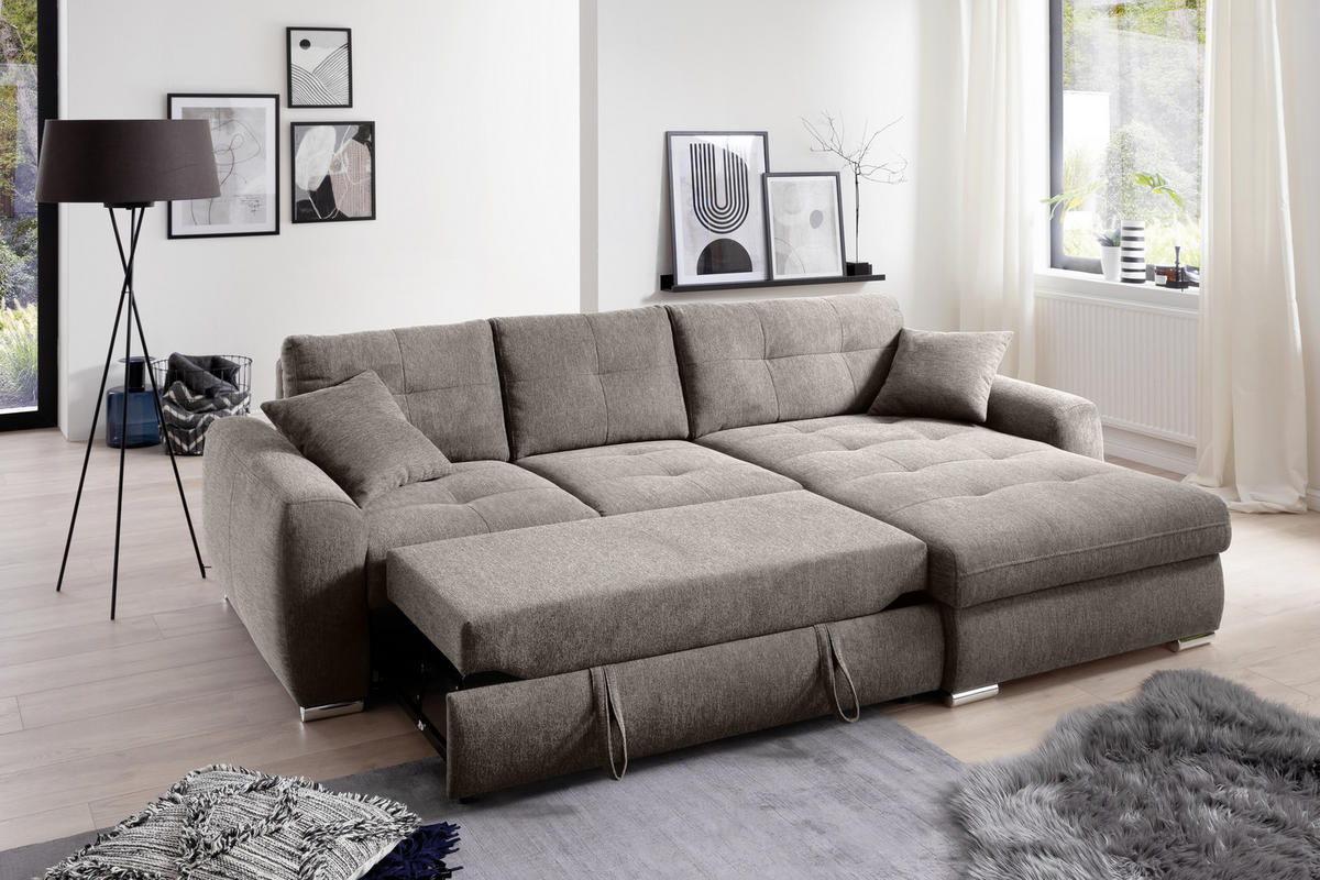 ECKSOFA in Mikrofaser Taupe  - Taupe/Chromfarben, Modern, Kunststoff/Textil (276/193cm) - Hom`in