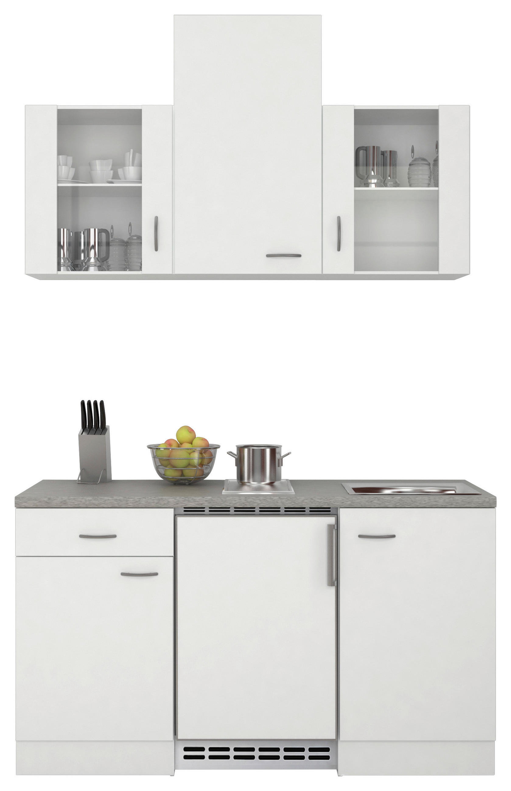 MINIKÜCHE 150,5 cm in Weiß - Edelstahlfarben/Hellgrau, MODERN, Glas/Holzwerkstoff (150,5cm) - FlexWell