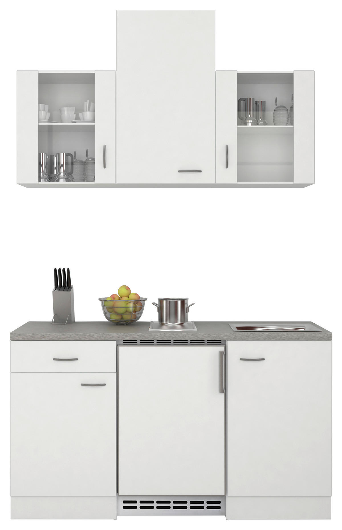MINIKÜCHE 150,5 cm   in Weiß  - Edelstahlfarben/Hellgrau, MODERN, Glas/Holzwerkstoff (150,5cm) - FlexWell