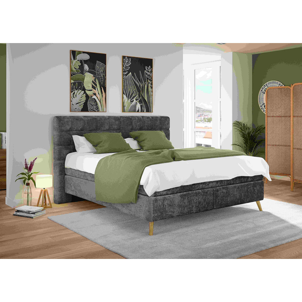 Thumbnail - Esposa Boxspringbett, Schwarz, Textil, Eiche, massiv, H2 + H3, 7-Zonen, Höhe ca. 20 cm, 180x200 cm, gepolstertes Kopftei...