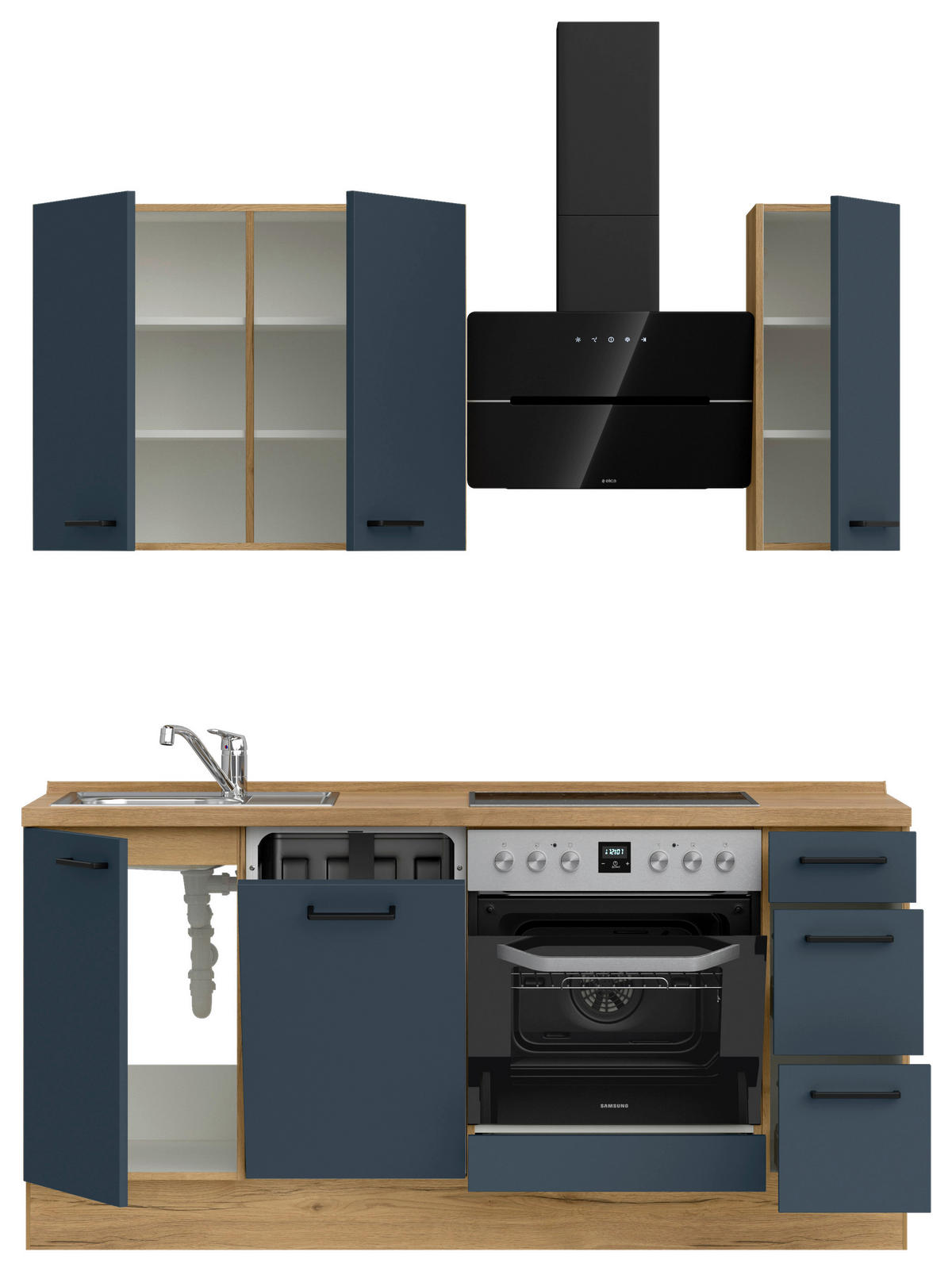 KÜCHENBLOCK Easytouch 180 cm  in Eichefarben, Dunkelblau  - Eichefarben/Schwarz, MODERN, Holzwerkstoff/Metall (180cm) - Nobilia