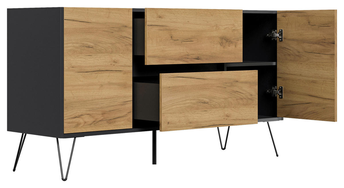 SIDEBOARD Posseik Industrial 139/75,8/42 cm 2 Schublade(n)  - Eichefarben/Graphitfarben, Design, Holzwerkstoff/Metall (139/75,8/42cm) - MID.YOU