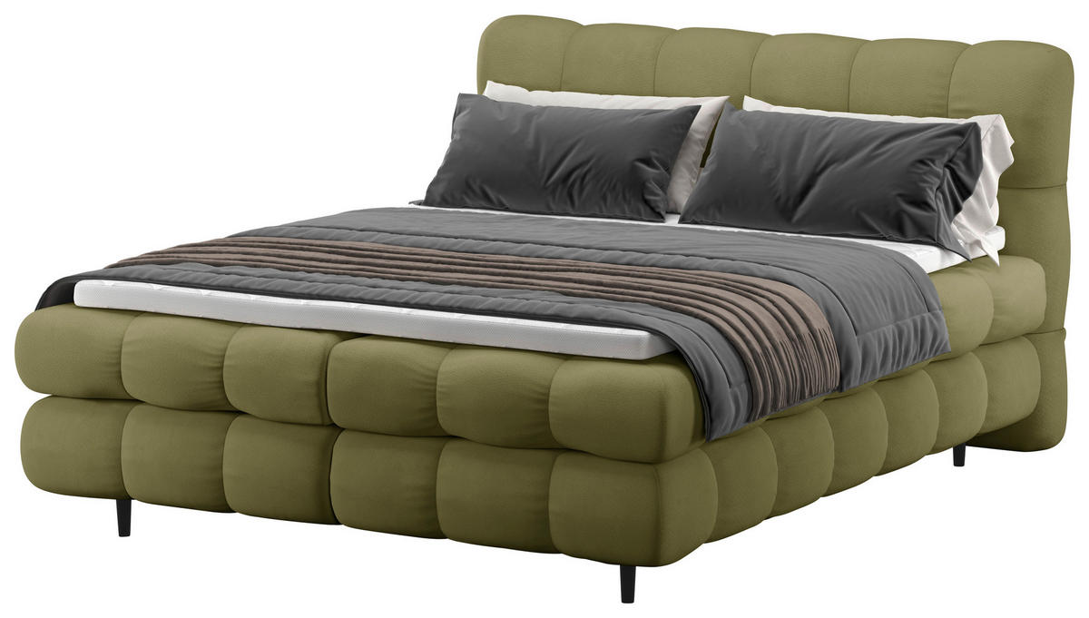 BOXBETT 200/200 cm,  in Olivgrün, gepolstertes Kopfteil, Bettkasten, Topper, H3 + H3 = fest  - Schwarz/Olivgrün, Design, Textil/Metall (200/200cm) - Ti'me